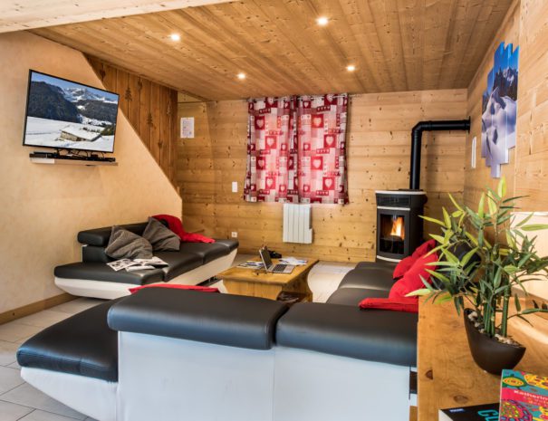 Chalet Snow Angel lounge with logfire