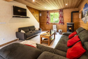 Lounge with sofas and fireplace in chalet Snow Mountain located in le Bettaix - Chalets Lacuzon